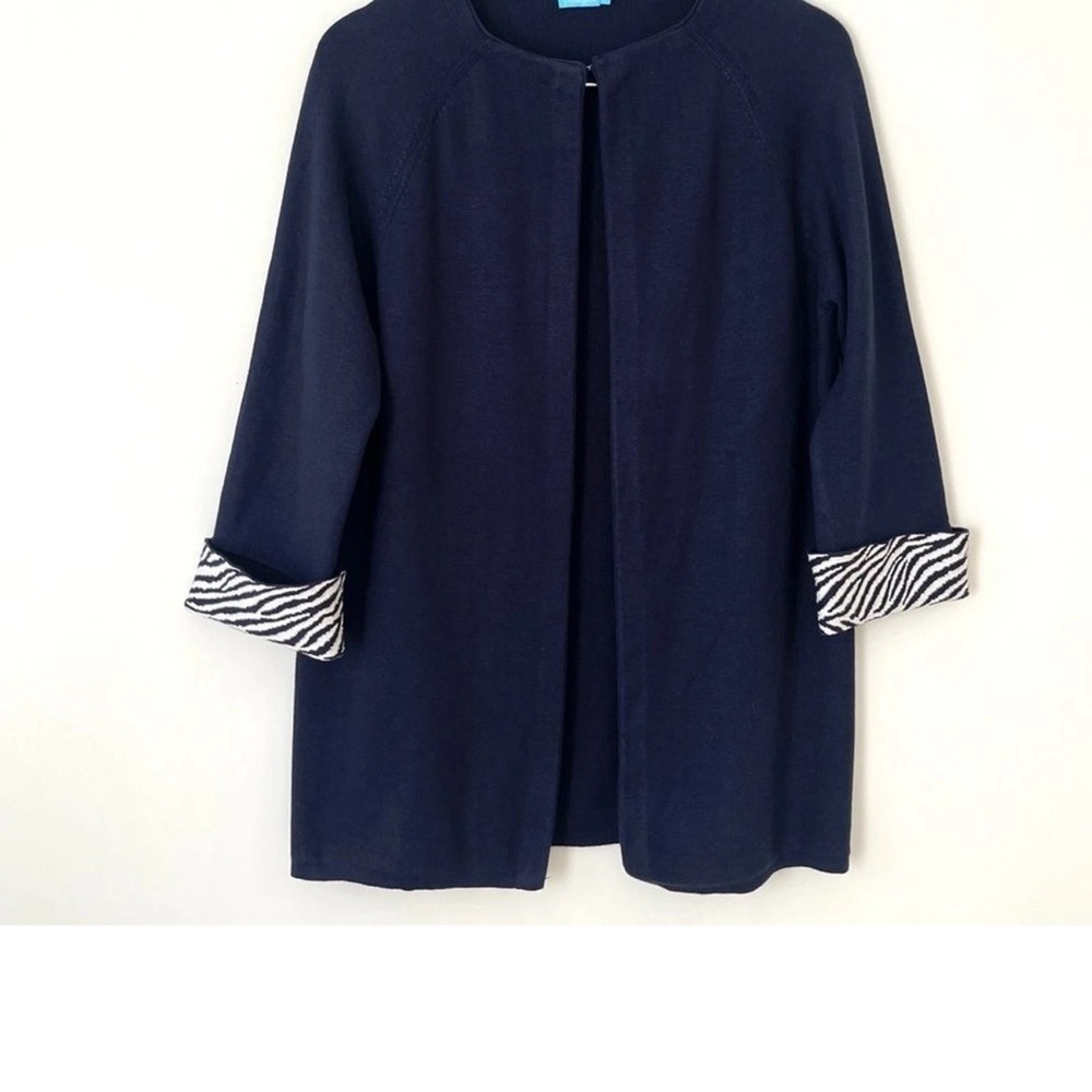 J. McLaughlin Elegant long Navy Open-Front Blazer zebra lined 3/4 sleeves S - Picture 5 of 9
